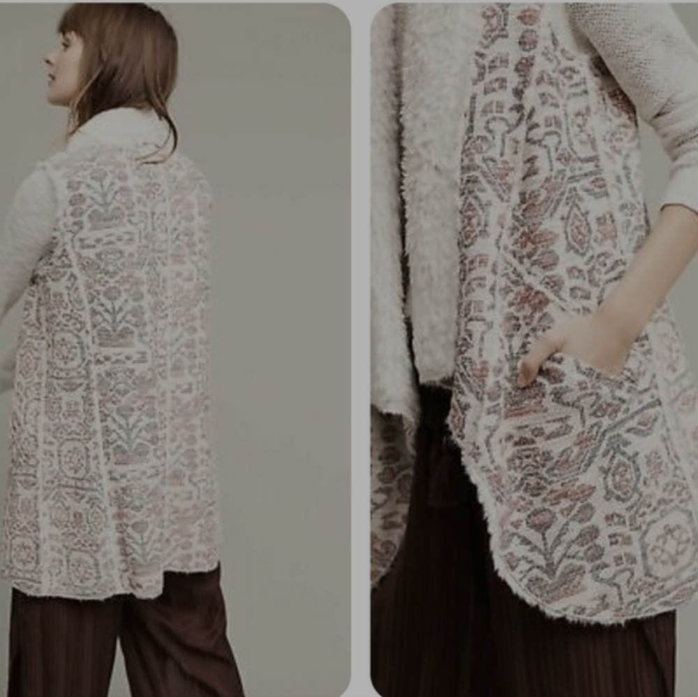 Anthropologie Hei Hei Jacquard Aztec Print Faux Fur Vest Size Large - Picture 2 of 11
